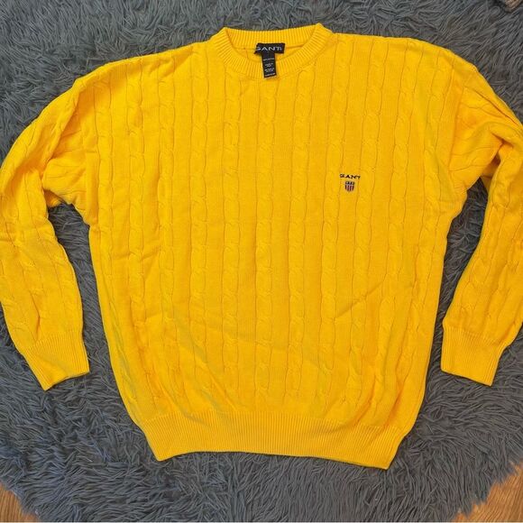 GANT Men's Cotton Cable Knit Preppy Crew Neck Sweater Smooth Yellow Size L - Picture 2 of 5